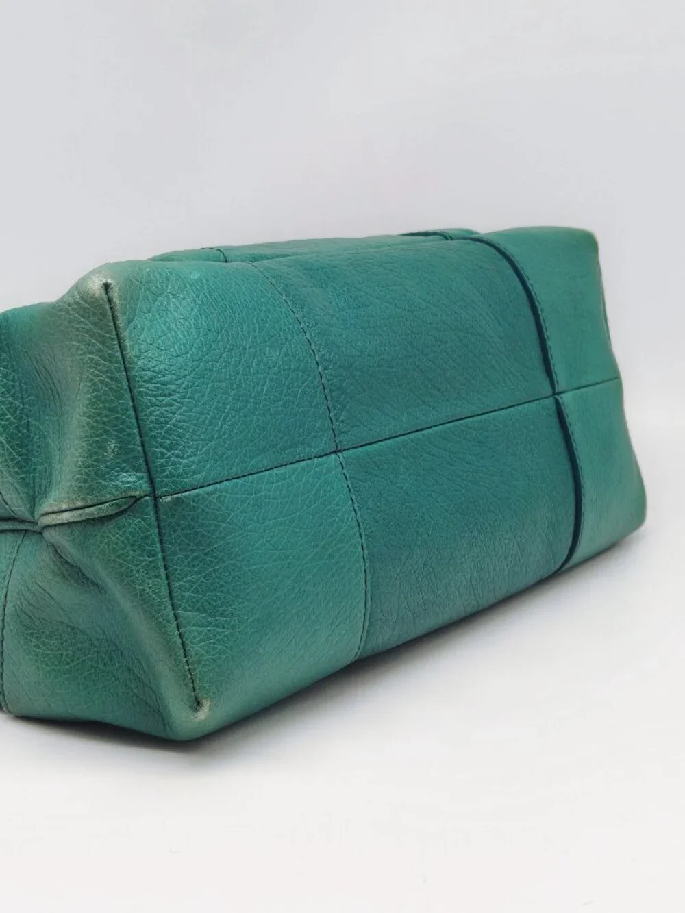 Celine Pebbled Leather Satchel Handbag Turquoise Blue Teal Silver Hardware